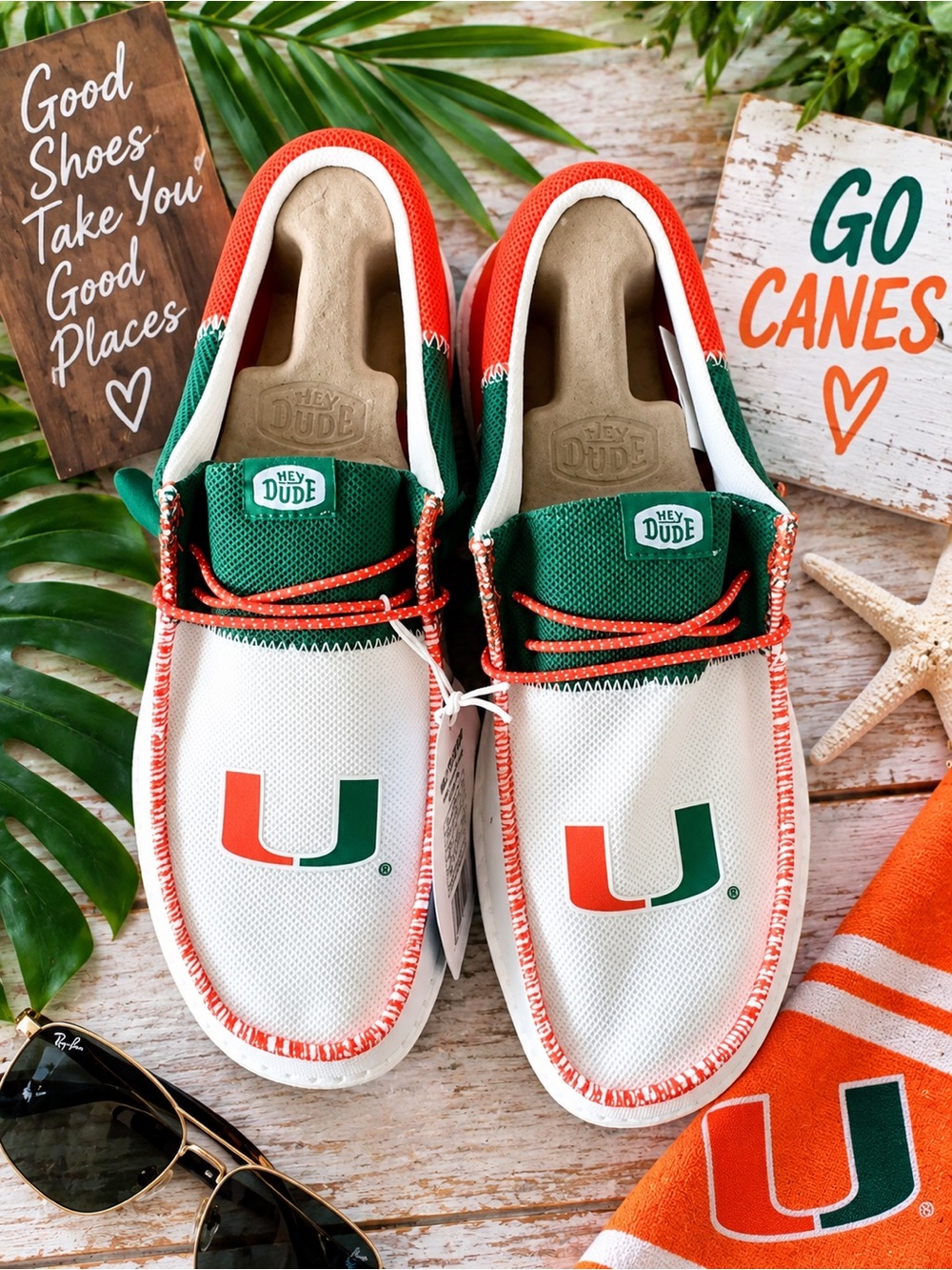 Hey Dude White Orange Green Slip-On Sneakers with University 'U' Logo